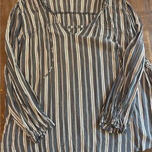 Old Navy White and Blue Long Sleeve Tie Front Blouse